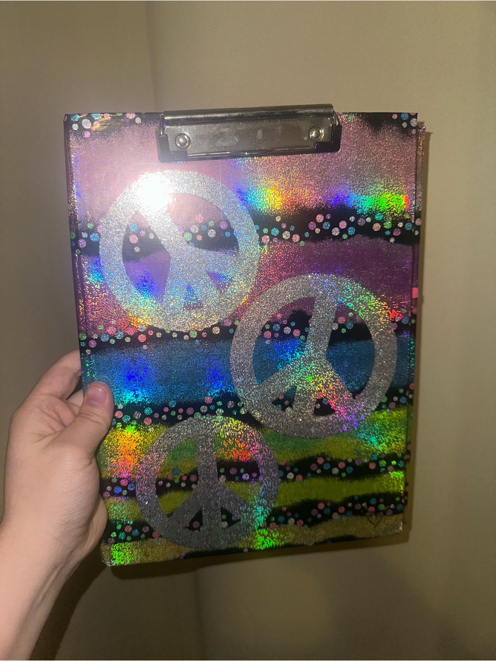 VTG Y2K Justice stationery clipboard glitter rainbow peace sign Lisa frank core
